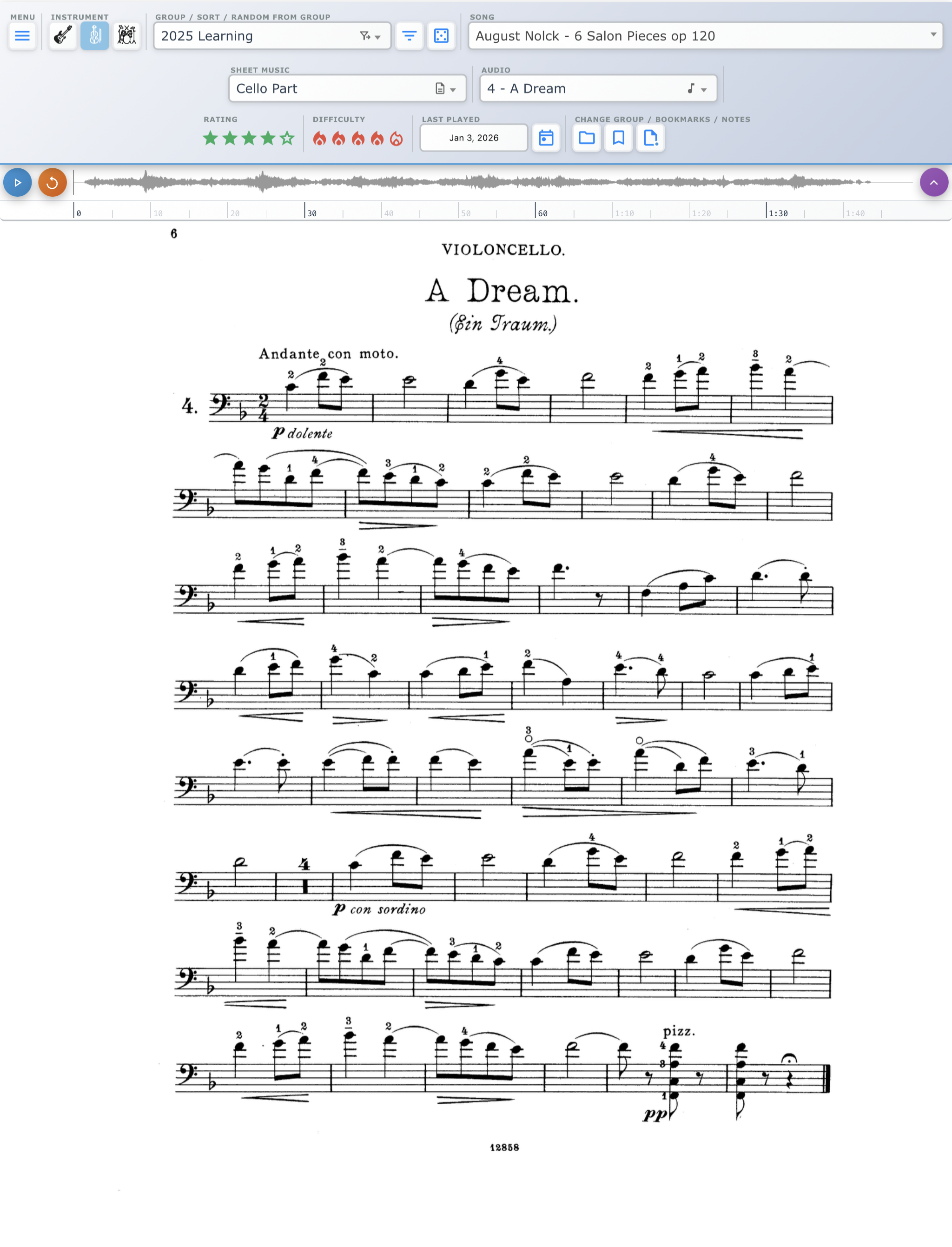 RiffReader showing sheet music for A Dream by August Noelck